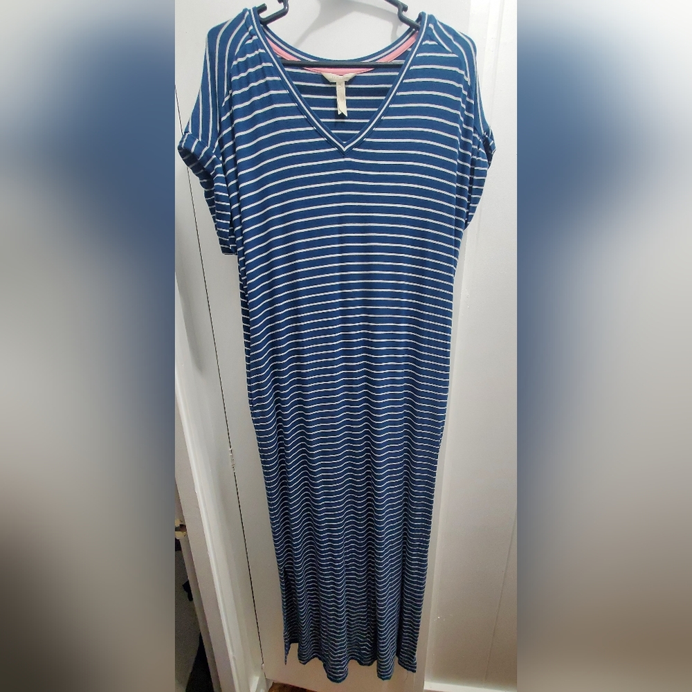 Matilda Jane Set Sail Maxi Dress Size S Blue Stripe Short Sleeve Pockets